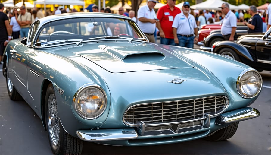 Vintage car on display with collectors in the background