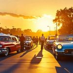 "Collectors admire vintage cars, sharing stories and THC gummies, creating a lively blend of classic car passion and modern leisure at a car show."