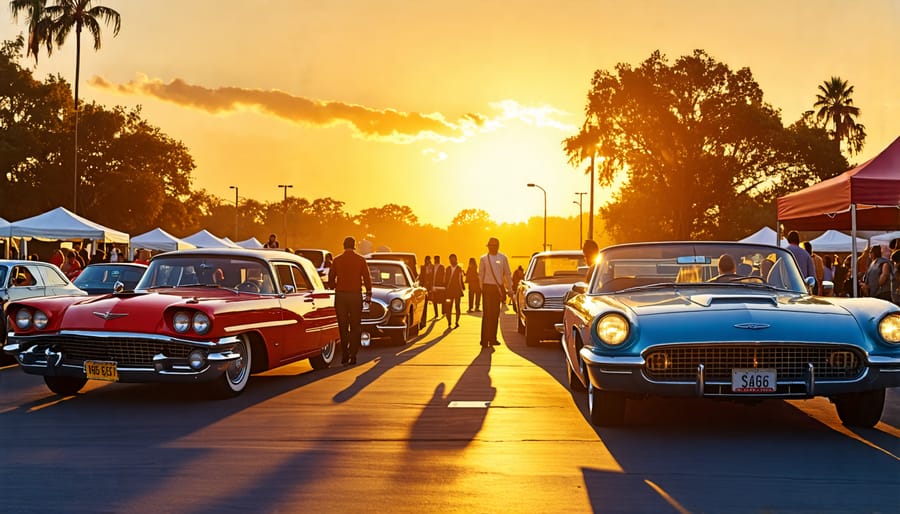 "Collectors admire vintage cars, sharing stories and THC gummies, creating a lively blend of classic car passion and modern leisure at a car show."