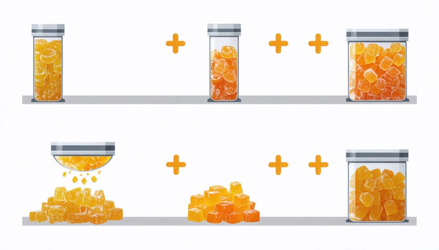 Illustration showing the stages of freeze-drying candy, from freezing to moisture removal.