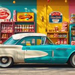 An artistic presentation of vintage car memorabilia including model cars and advertisements, alongside colorful candy wrappers, illustrating the intersection of automotive history and confectionery charm.