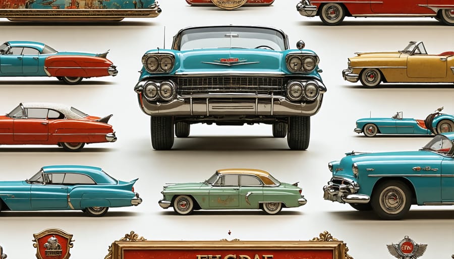 A diverse collection of vintage car memorabilia items including model cars and collector badges.